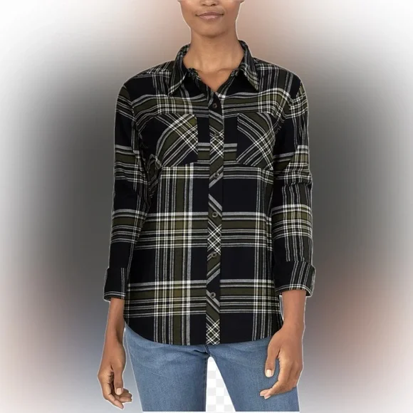 Natural Reflections Plaid Button-Up Flannel Shirt - Black and Green size XL - Picture 1 of 12